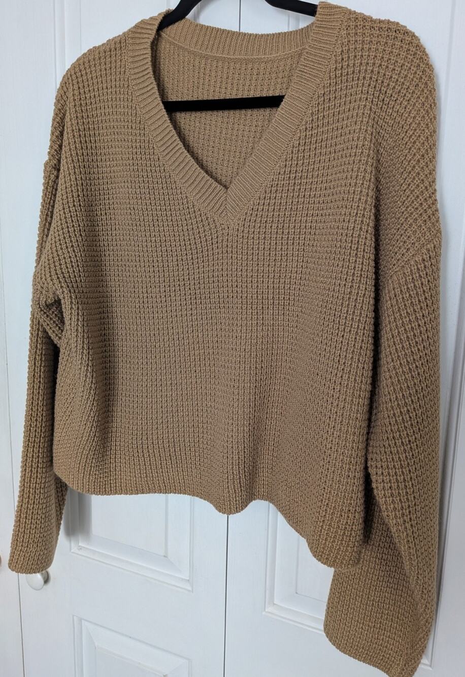 Waffle Knit V-Neck Sweater Camel Tan Oversized Cropped Drop Shoulder XL